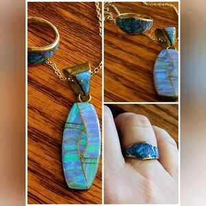Southwest Artisan Sterling Silver Created Opal Inlay Pendant & Ring Set – Signed